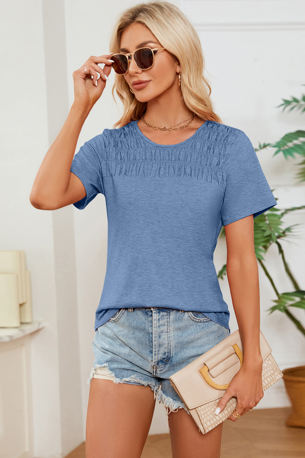 Ruched Round Neck Short Sleeve T-Shirt - Babbazon New Products