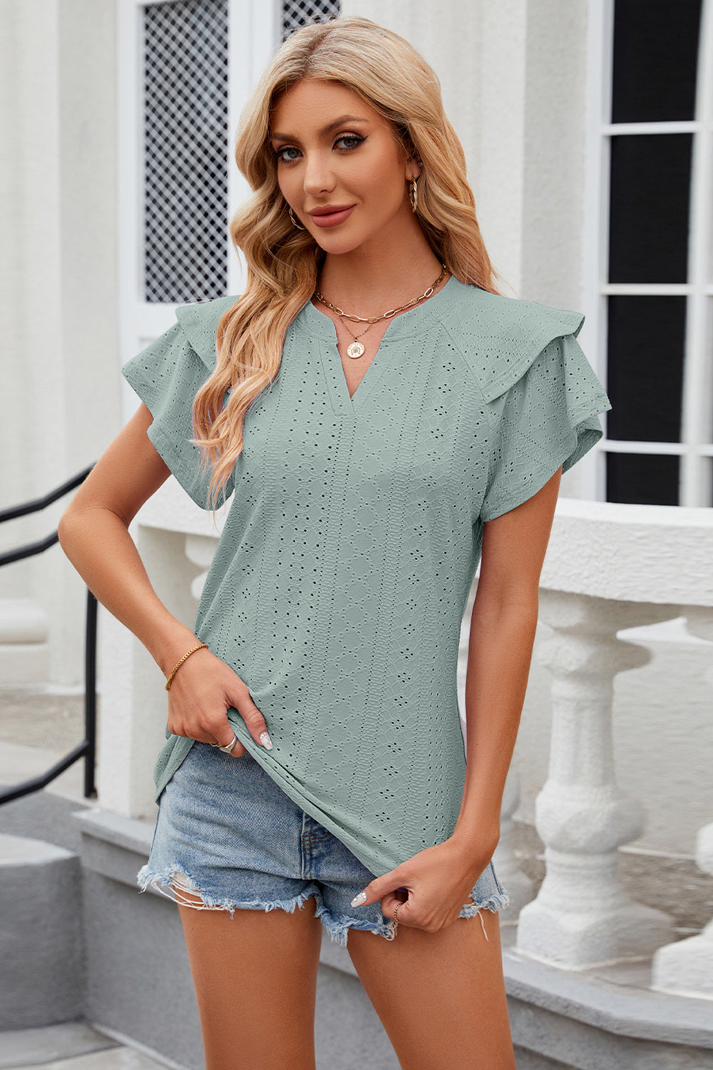 Eyelet Notched Short Sleeve T-Shirt - Babbazon Camisole