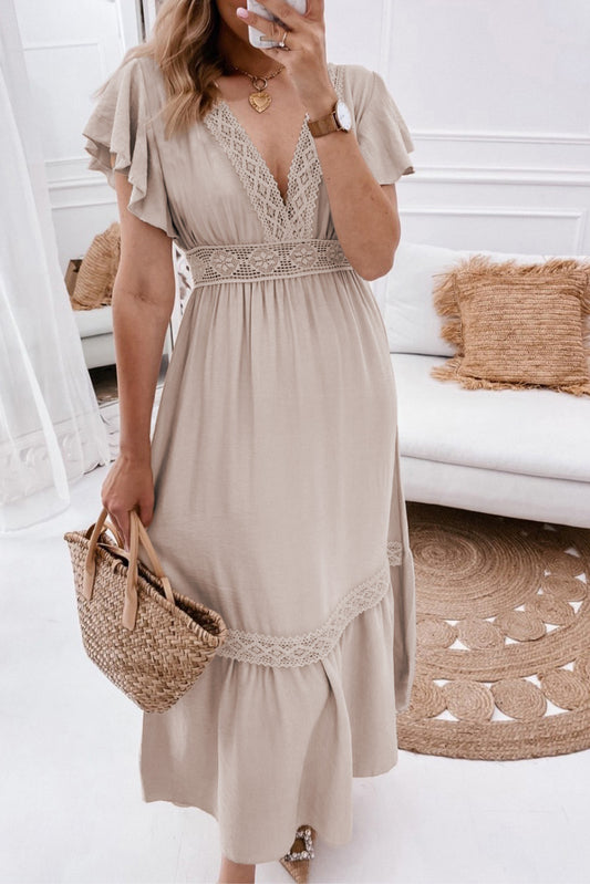 Oatmeal Lace V Neck Ruffled Sleeve Empire Waist Dress - Babbazon Maxi Dresses