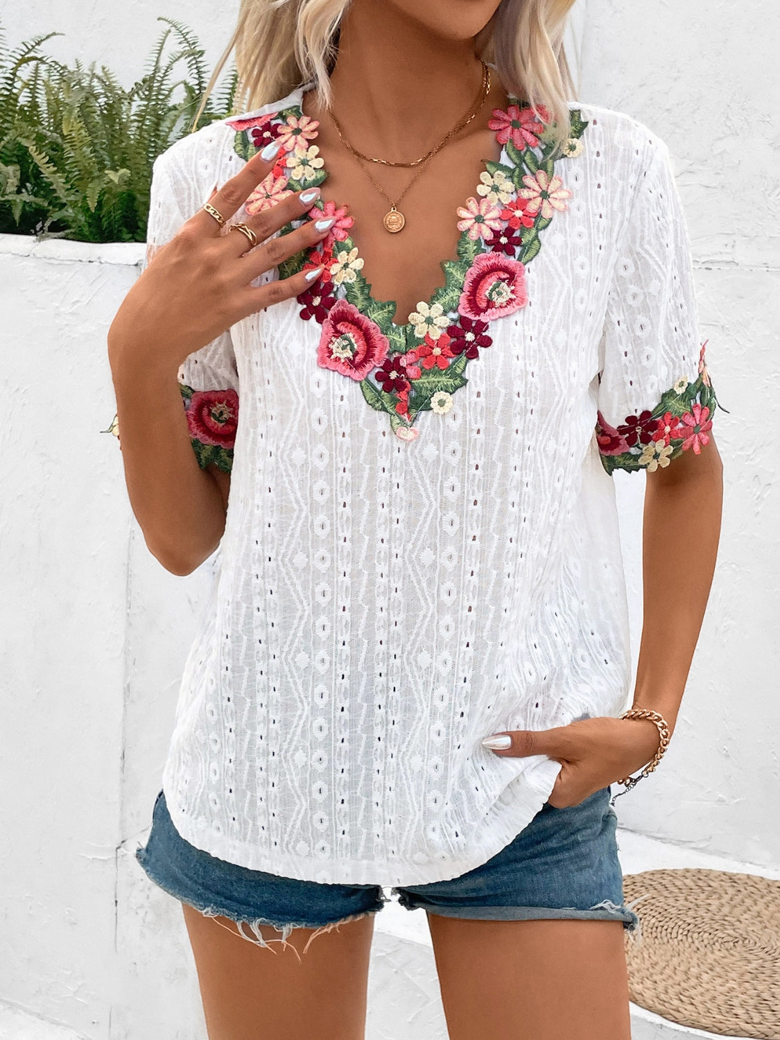 Eyelet Embroidered V-Neck Short Sleeve Blouse - Babbazon new