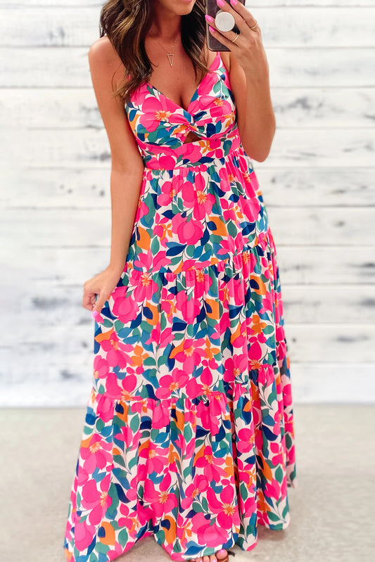 Rose Floral Twist V Neck Tiered Cami Maxi Dress - Babbazon Maxi Dresses