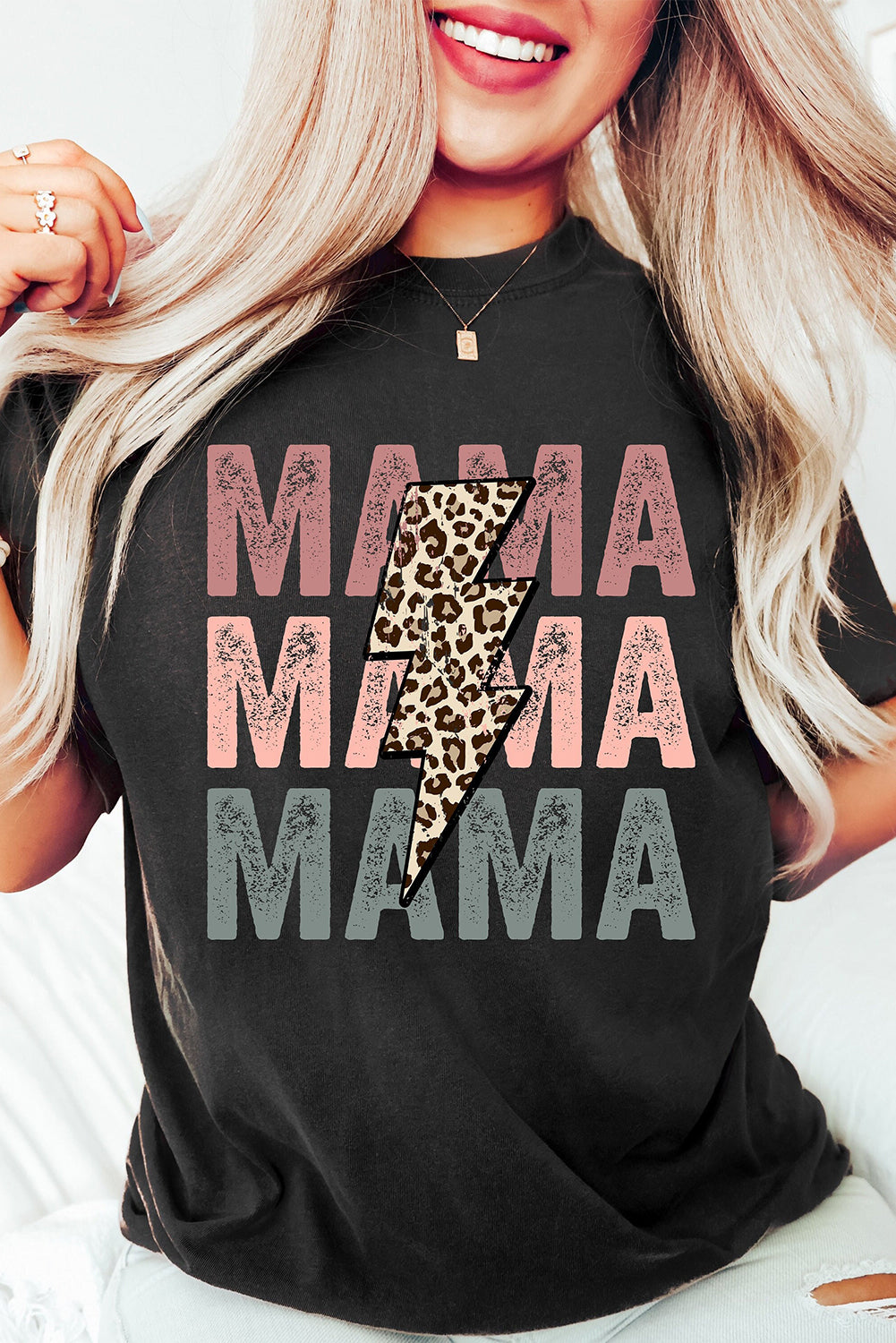 Black Leopard Lightning MAMA Letter Print Graphic Tee - Babbazon Graphic Tees