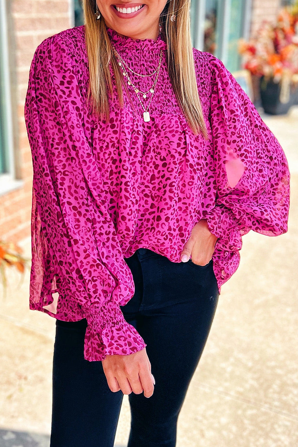 Rose Leopard Shirred Puff Sleeve Flowy Blouse - Babbazon Blouses