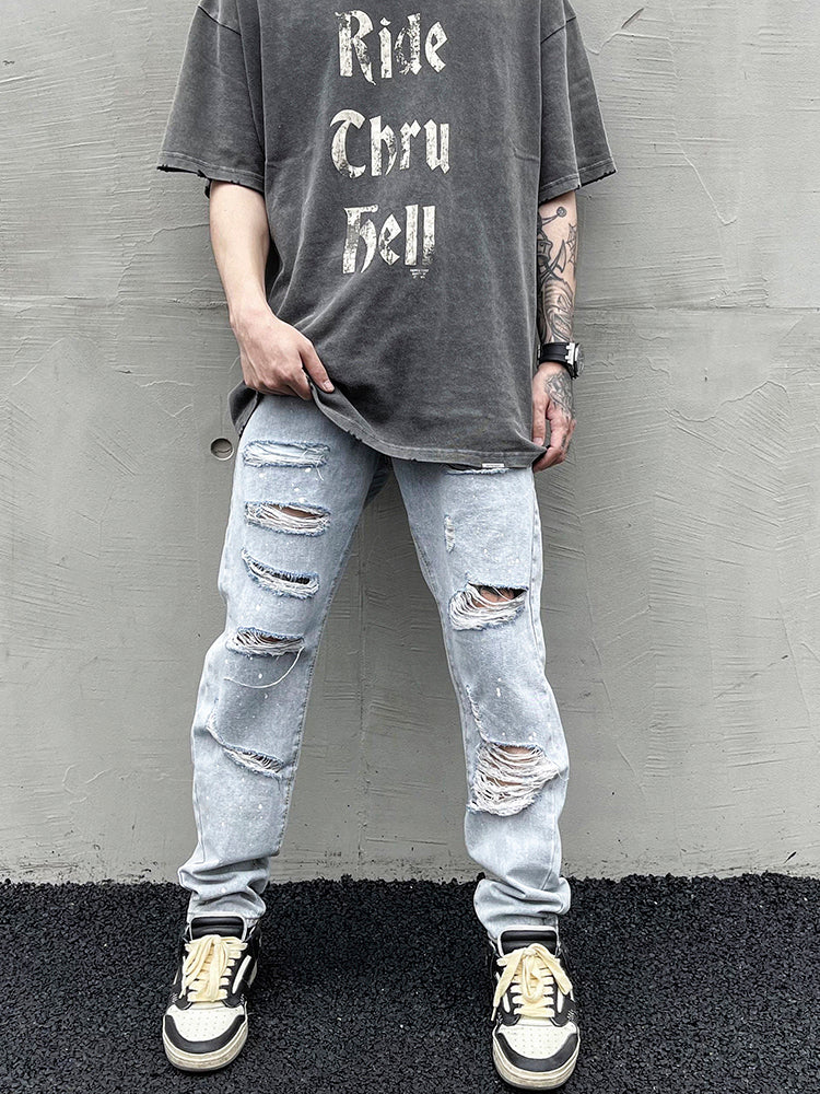 Distressed Slim-fit Jeans With Ripped Holes And Knife Cut With Splash Ink