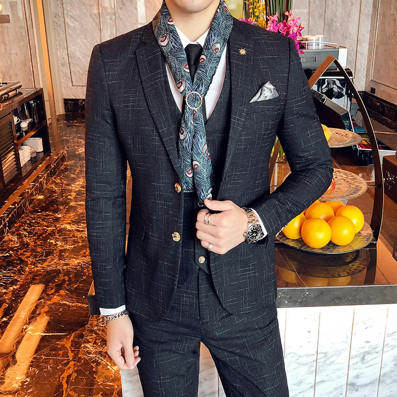 Slim-fit Three-piece Suit With Dark Pattern Business Casual 