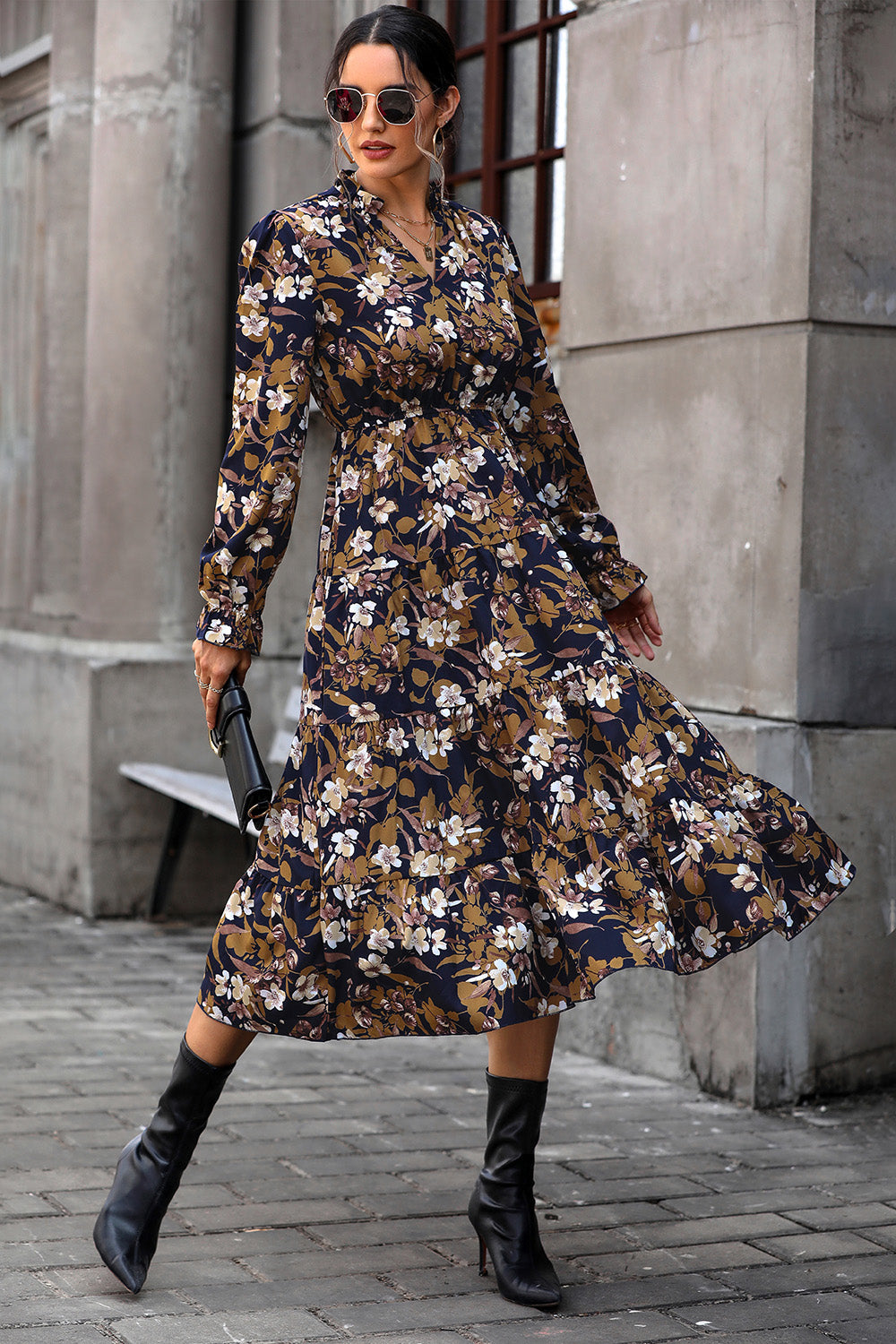 Floral Flounce Sleeve Tiered Dress 