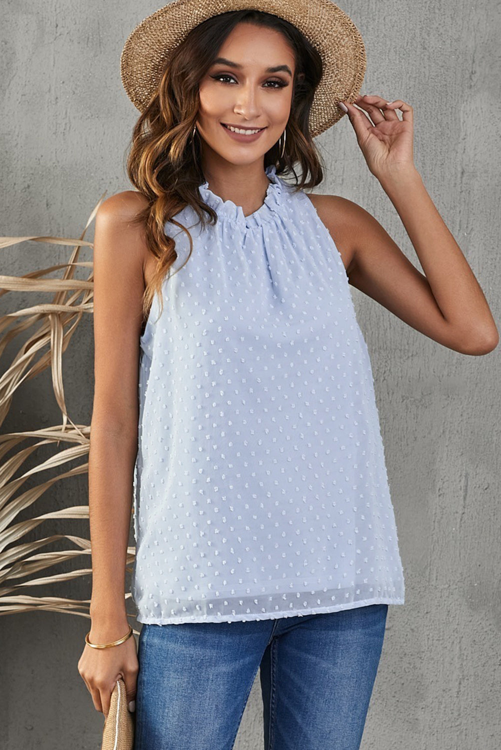 Frill Swiss Dot Round Neck Tank - Babbazon