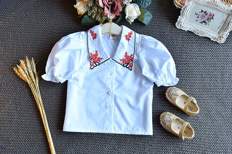 Girls Embroidery Doll Collar Bubble Short Sleeve Shirt Denim Skirt Set