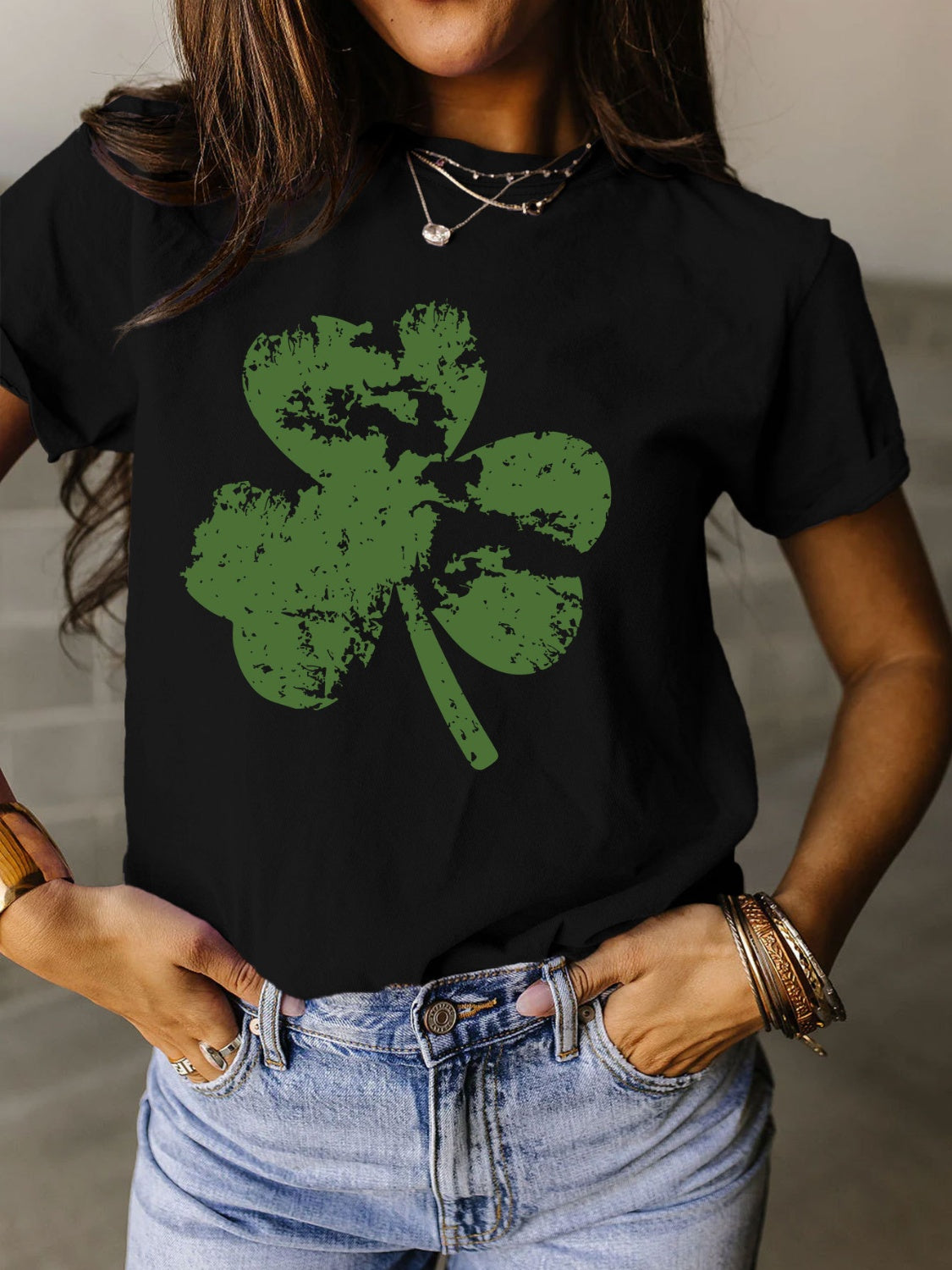 Full Size Lucky Clover Round Neck Short Sleeve T-Shirt - Babbazon New Products