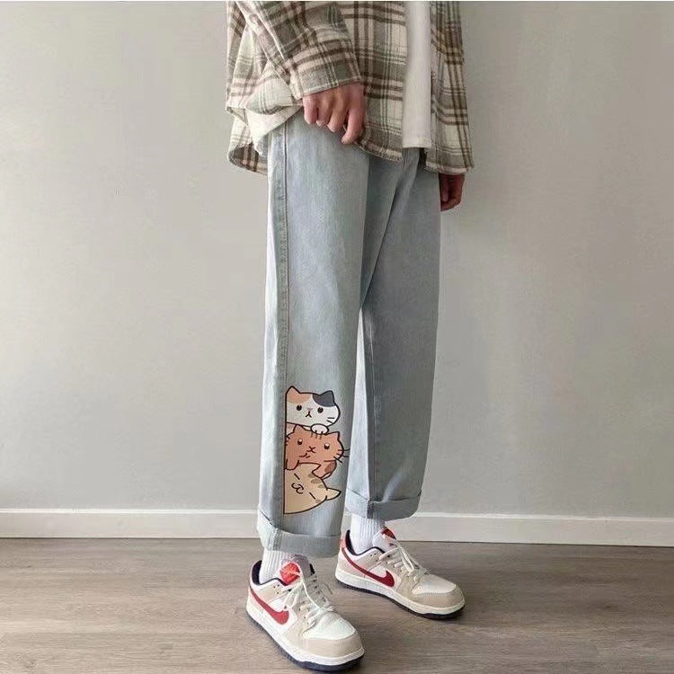 Men's Straight Loose Kitten Printed Jeans