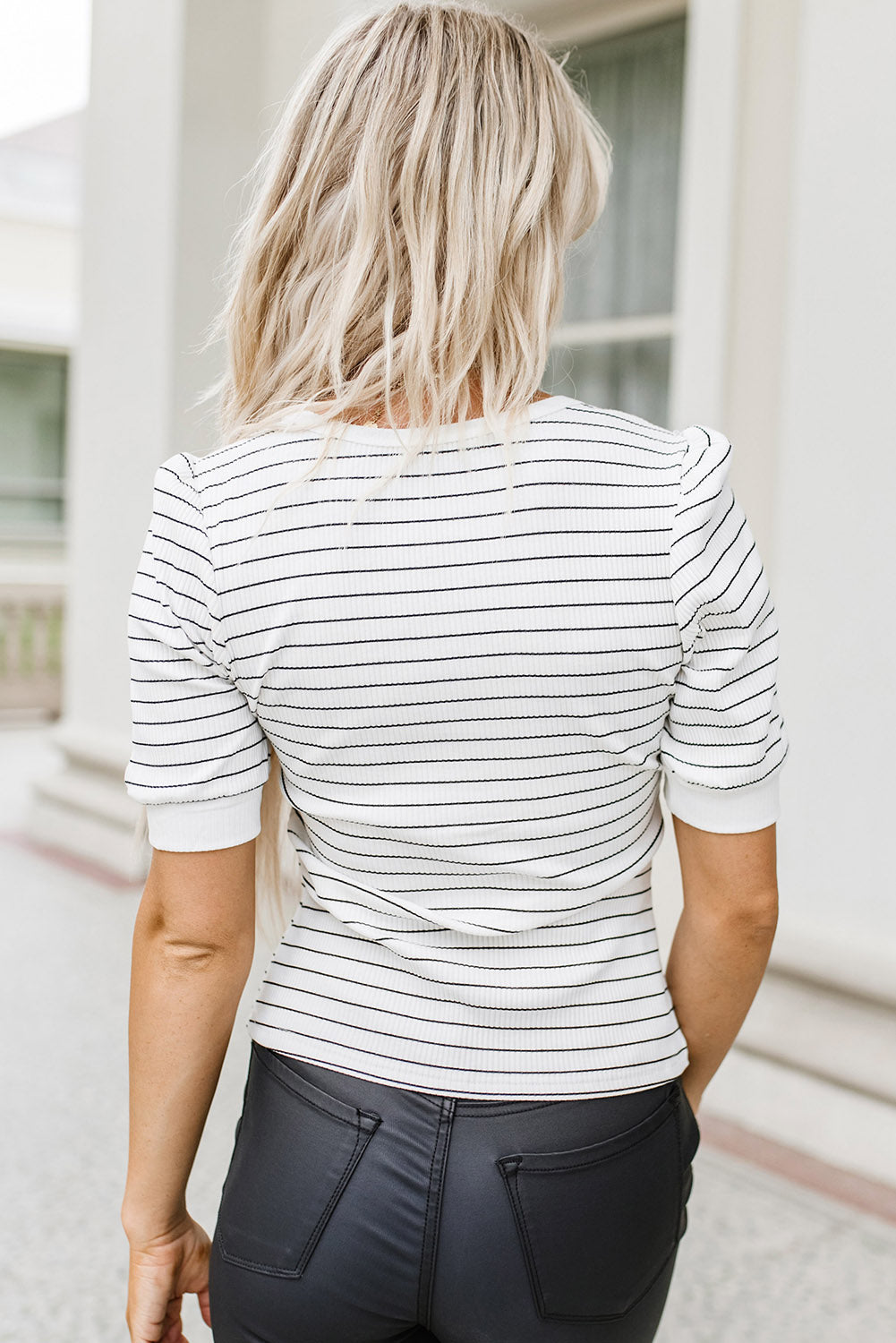 Striped Notched Short Sleeve T-Shirt 