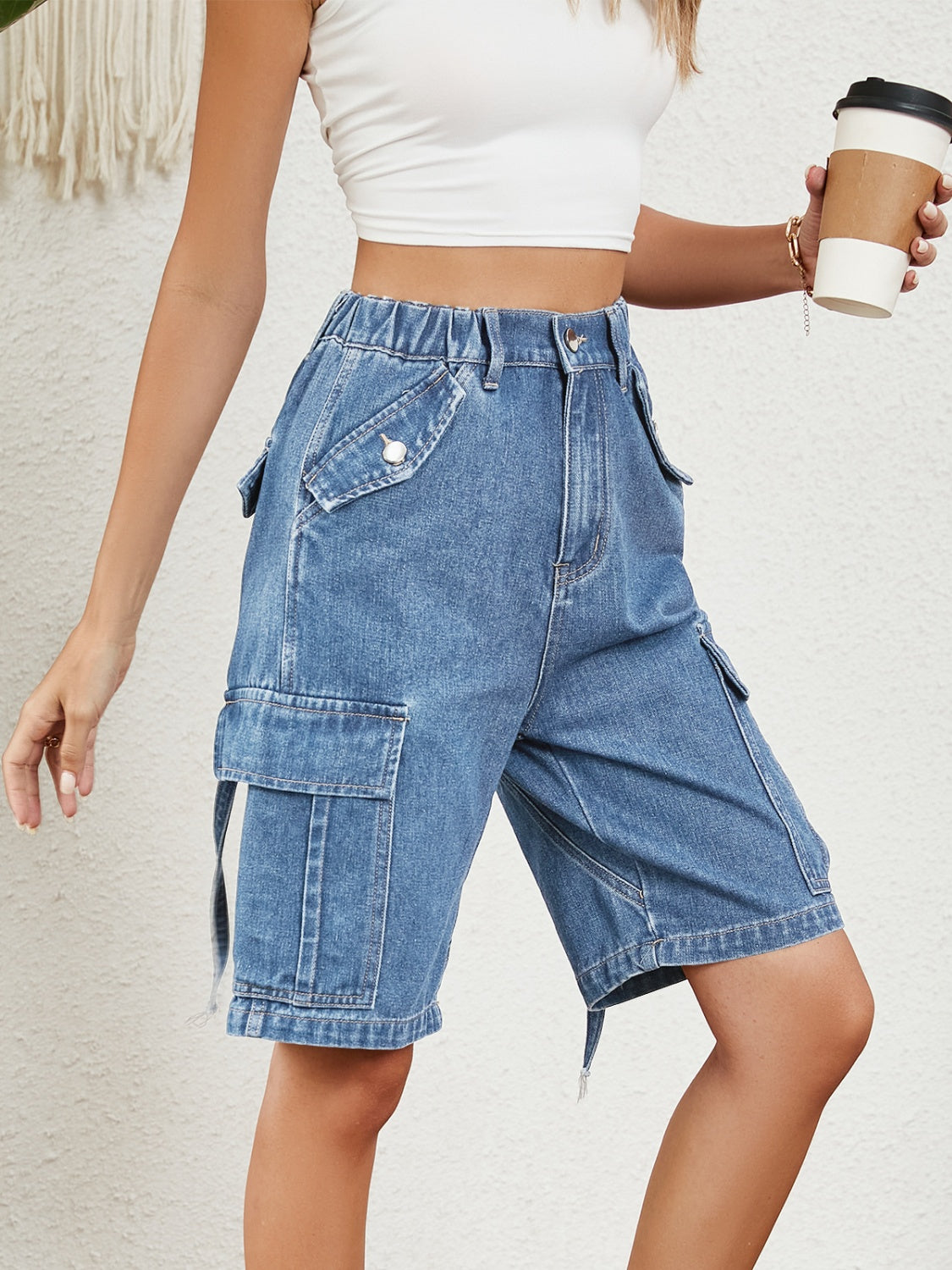 High Waist Denim Shorts with Pockets 