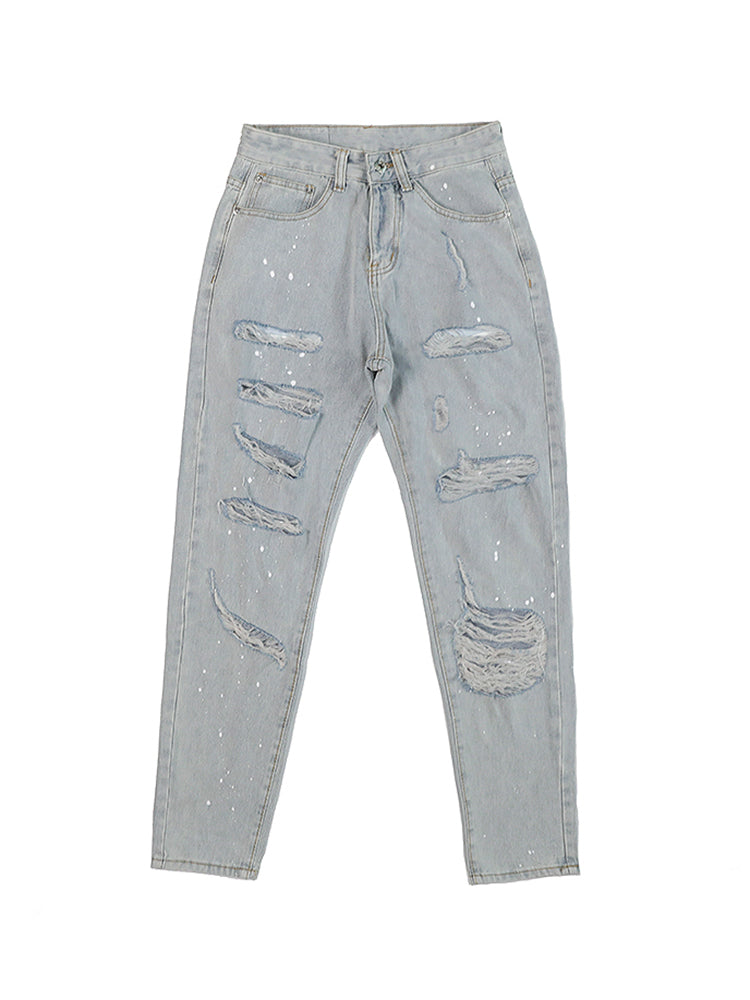 Distressed Slim-fit Jeans With Ripped Holes And Knife Cut With Splash Ink