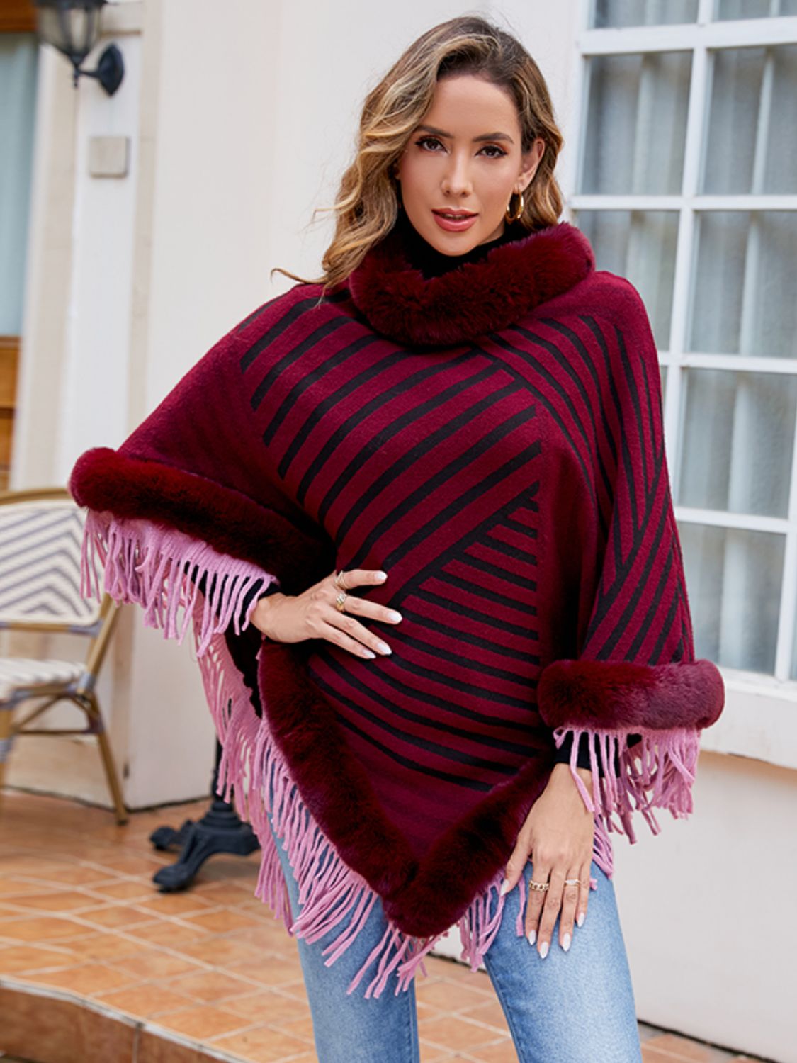 Striped Fringe Hem Poncho 