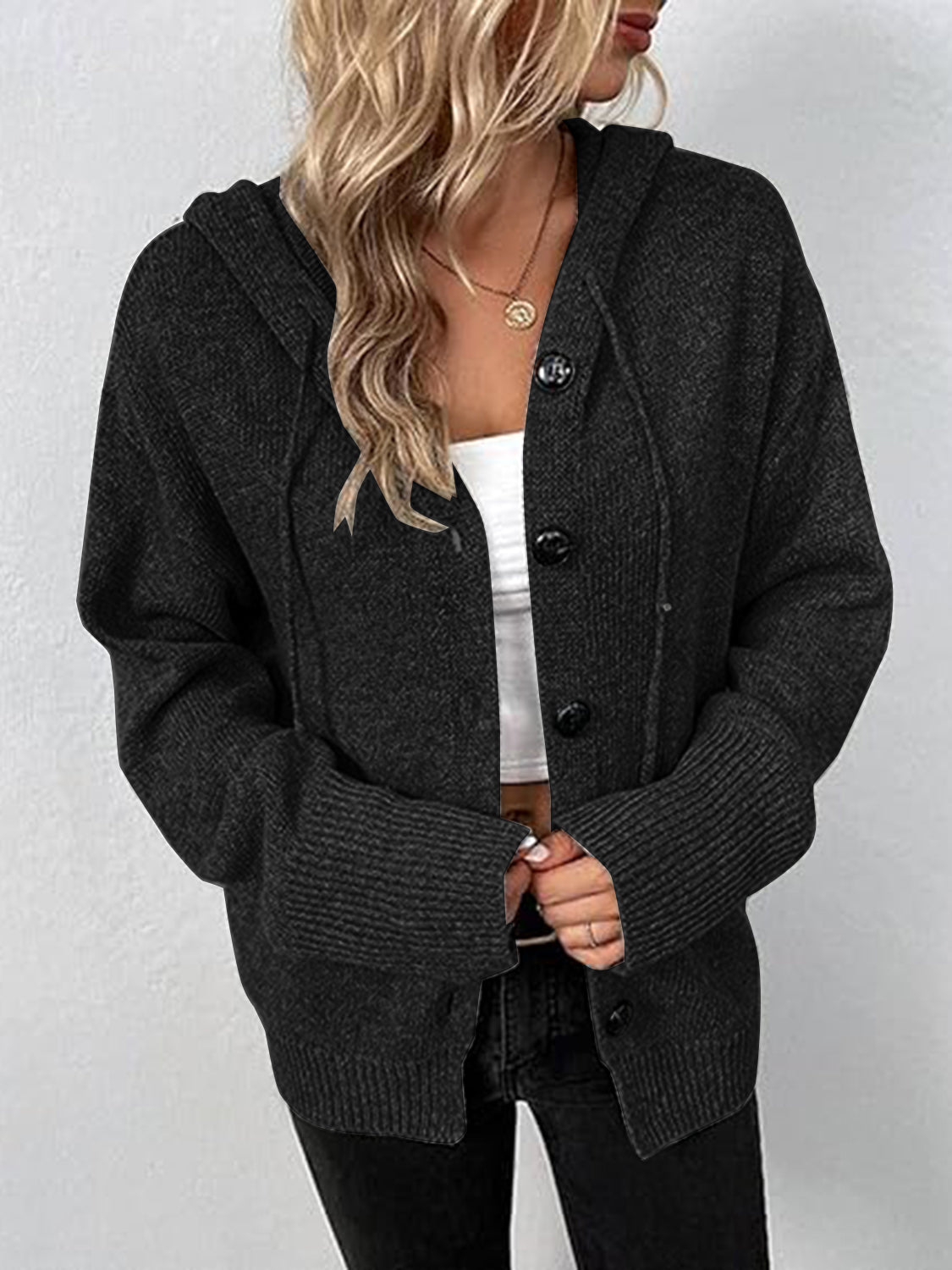 Button Up Drawstring Long Sleeve Hooded Cardigan 