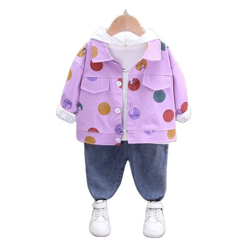 Children's Hooded Long-sleeved Sweater All-match Denim Trousers Children's Three-piece Suit