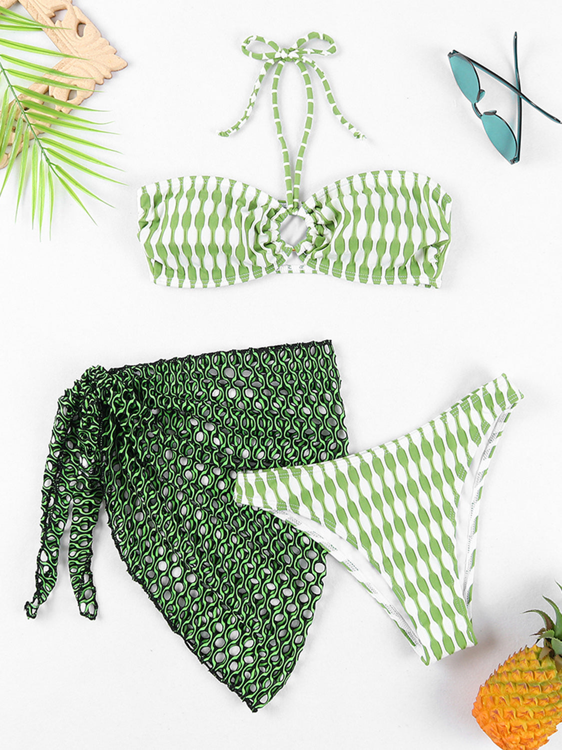 Geometric Halter Neck Three-Piece Swim Set - Babbazon new