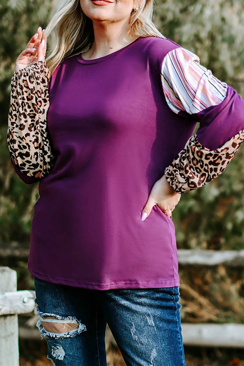 Purple Color Block Leopard Striped Sleeve Plus Size Top - Babbazon Plus Size Tops