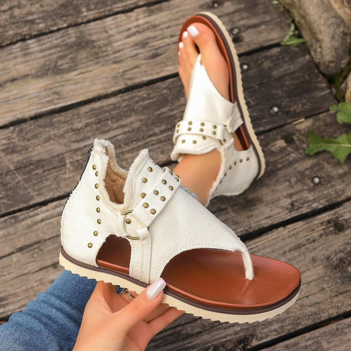 Studded Raw Hem Flat Sandals - Babbazon New Products