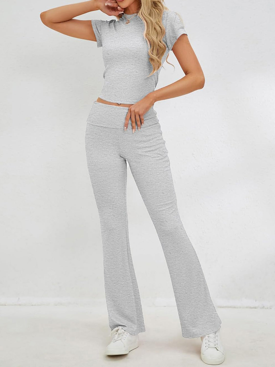 Round Neck Short Sleeve Top and Pants Set - Babbazon New Products