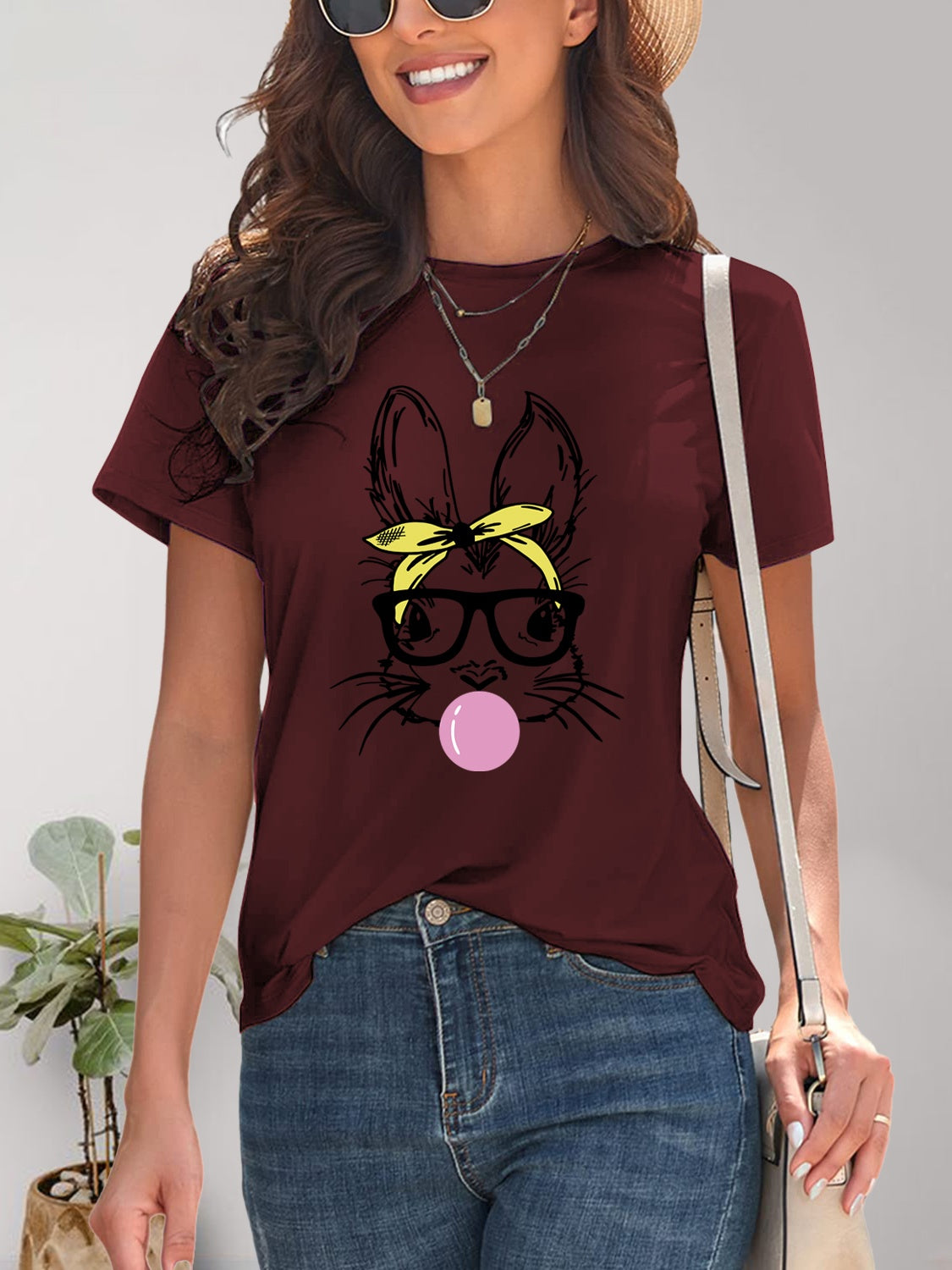 Rabbit Graphic Round Neck Short Sleeve T-Shirt 