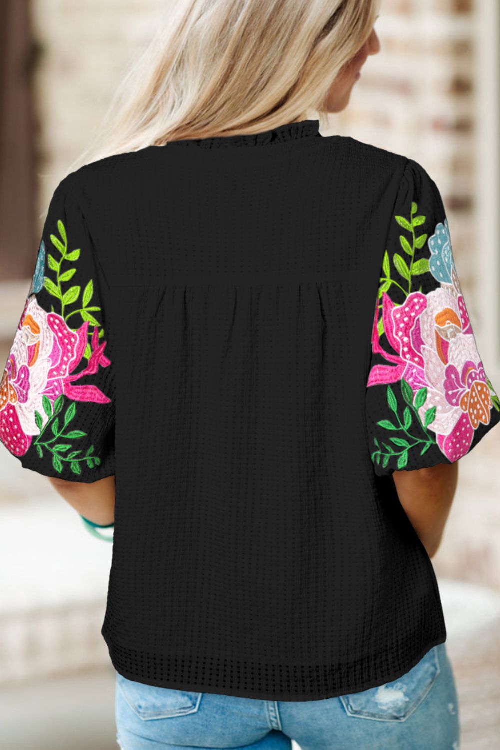 Embroidered Notched Puff Sleeve Blouse - Babbazon new