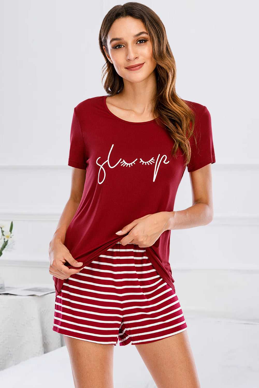 Graphic Round Neck Top and Striped Shorts Lounge Set 