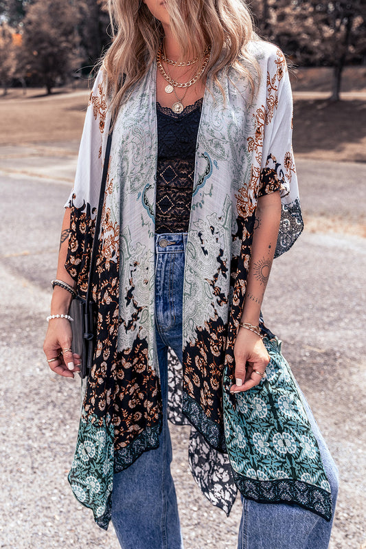 Green Boho Floral Print Irregular Hem Flowy Kimono - Babbazon Cover-ups