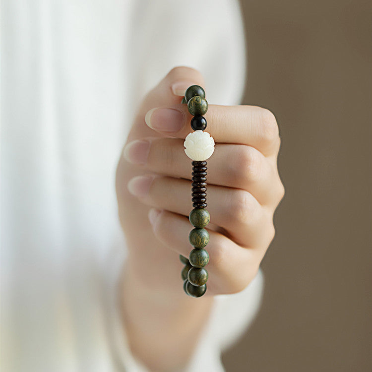 Female Green Sandalwood Buddha Beads White Bodhi Lotus Bracelet Ethnic Style