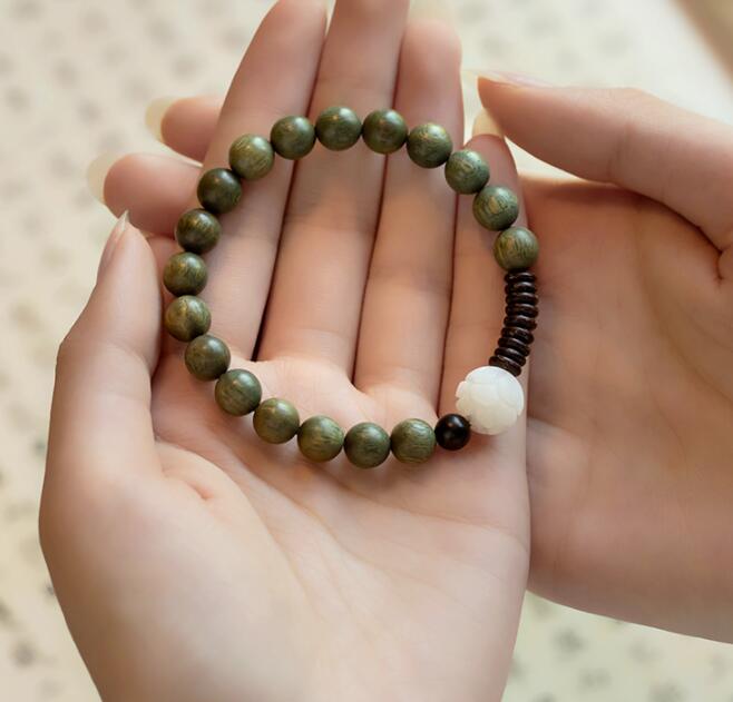 Female Green Sandalwood Buddha Beads White Bodhi Lotus Bracelet Ethnic Style