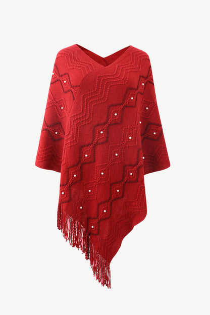 Pearl Trim V-Neck Fringe Hem Poncho 