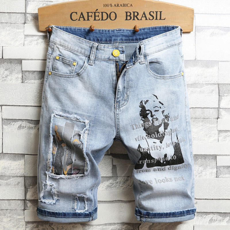 Stretch Denim Shorts Men's Five-point Pants Embroidery