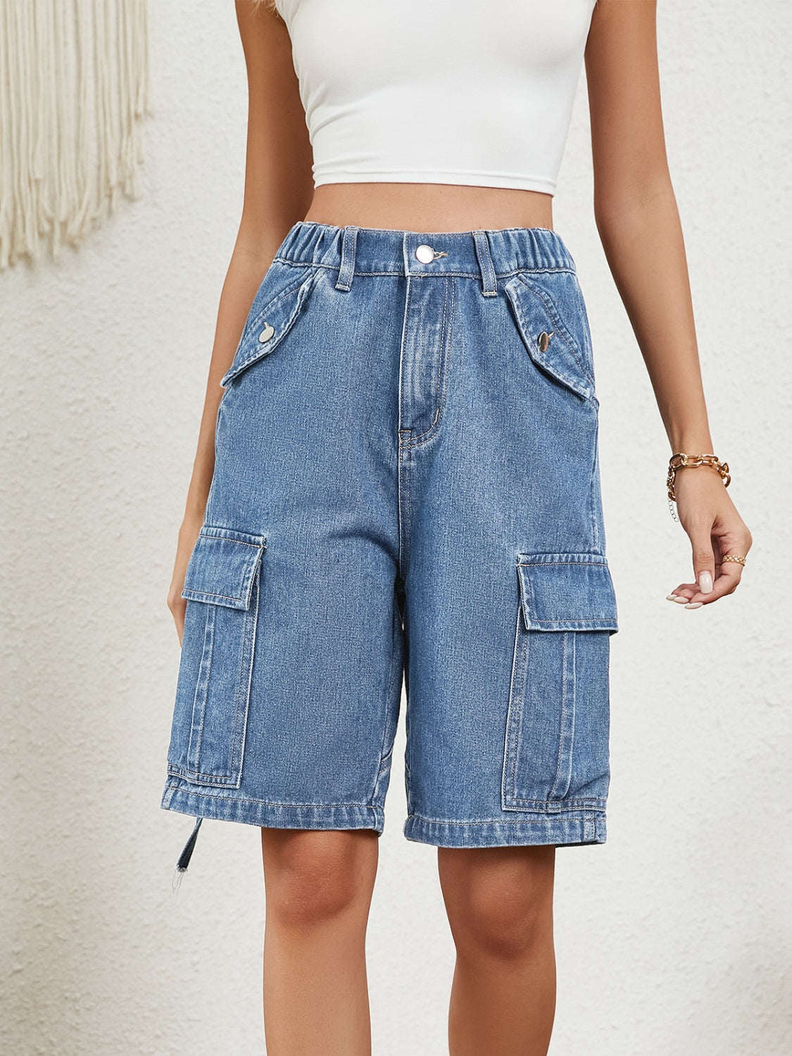 High Waist Denim Shorts with Pockets 