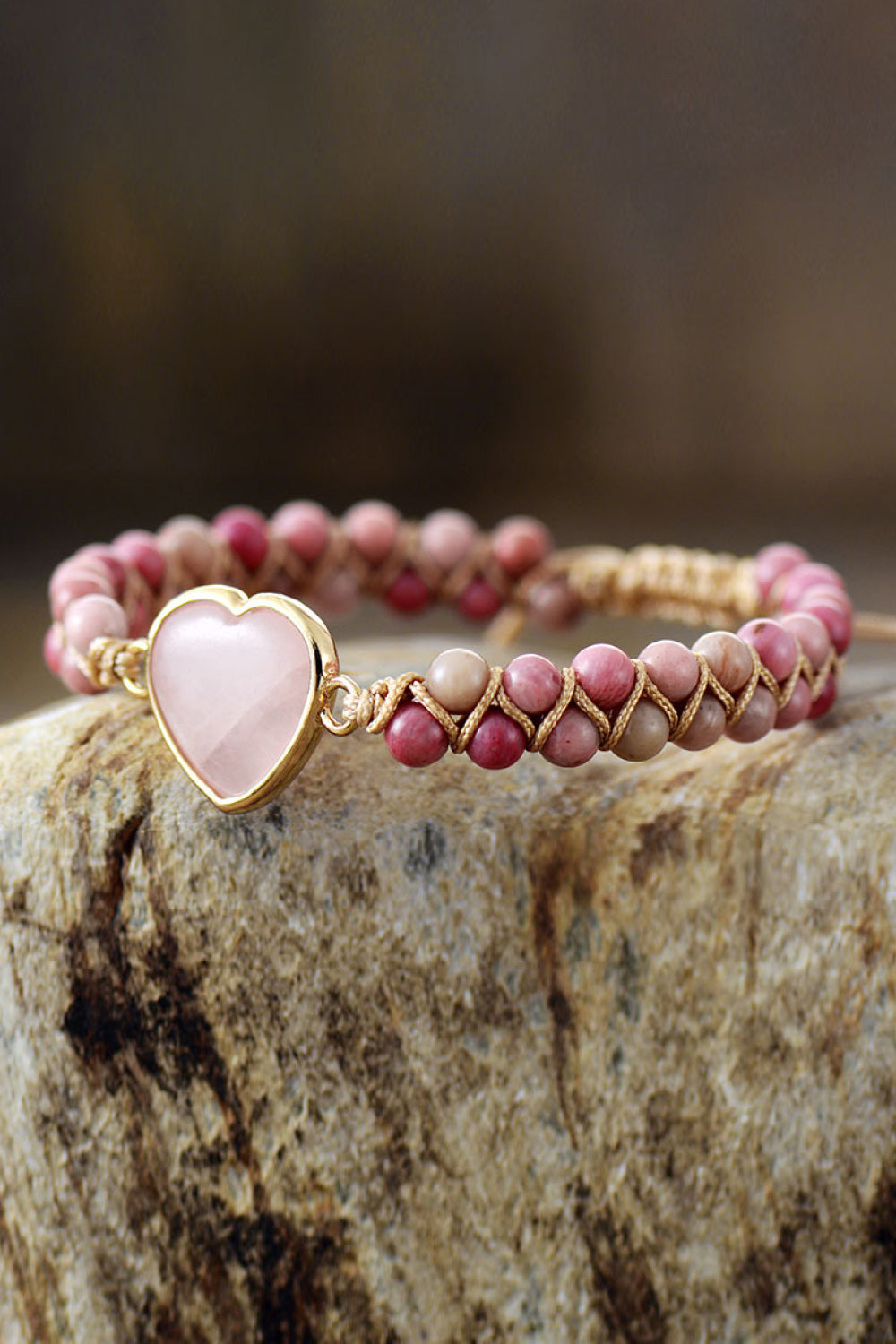 Rose Quartz Heart Beaded Bracelet 