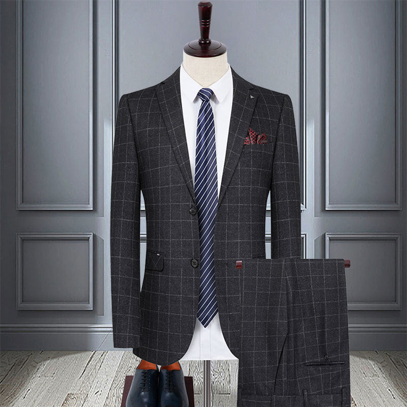 Men's Business Casual Slim Fit Plaid Suit Two Piece 