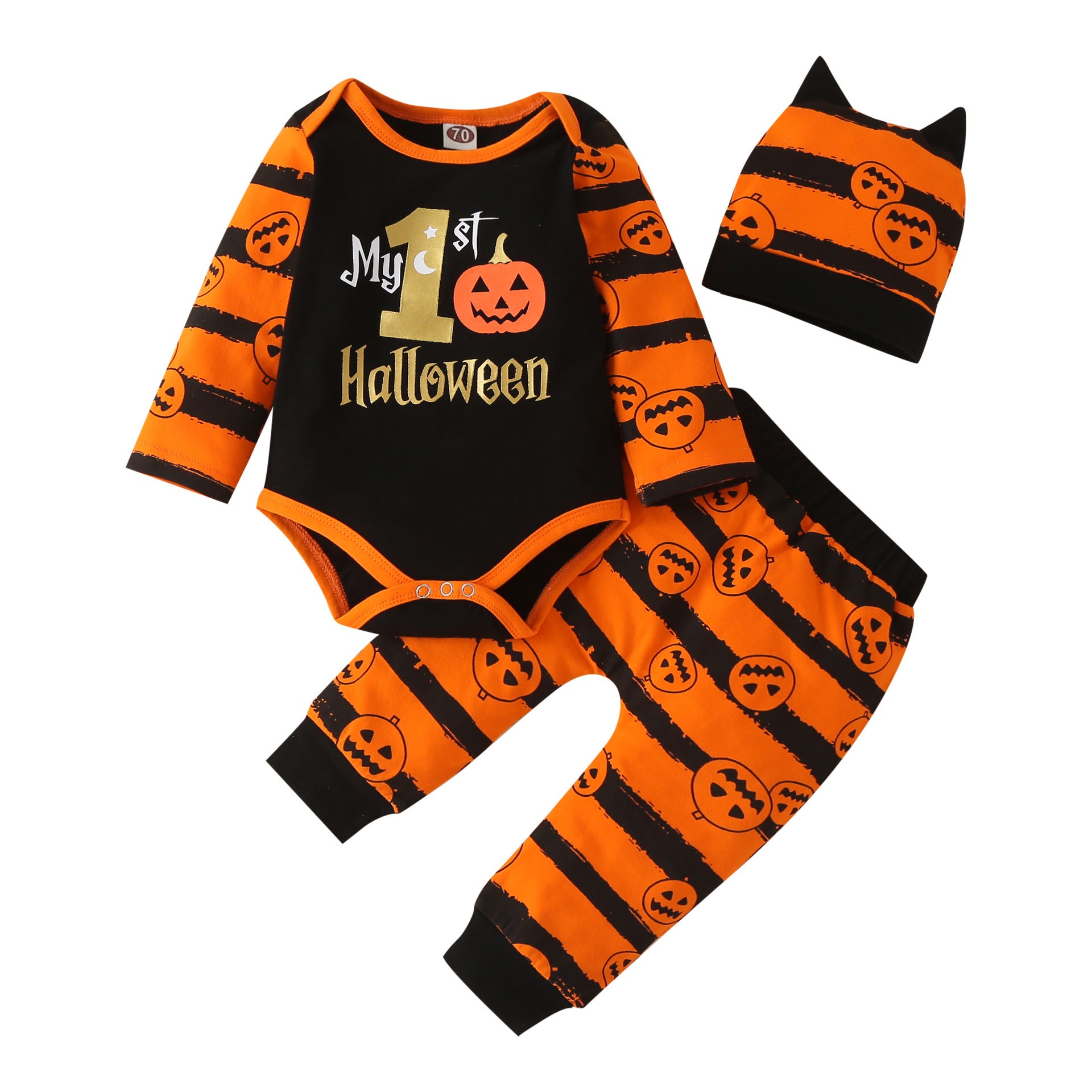 Halloween Pumpkin Print Long Sleeve Romper Set Of Three