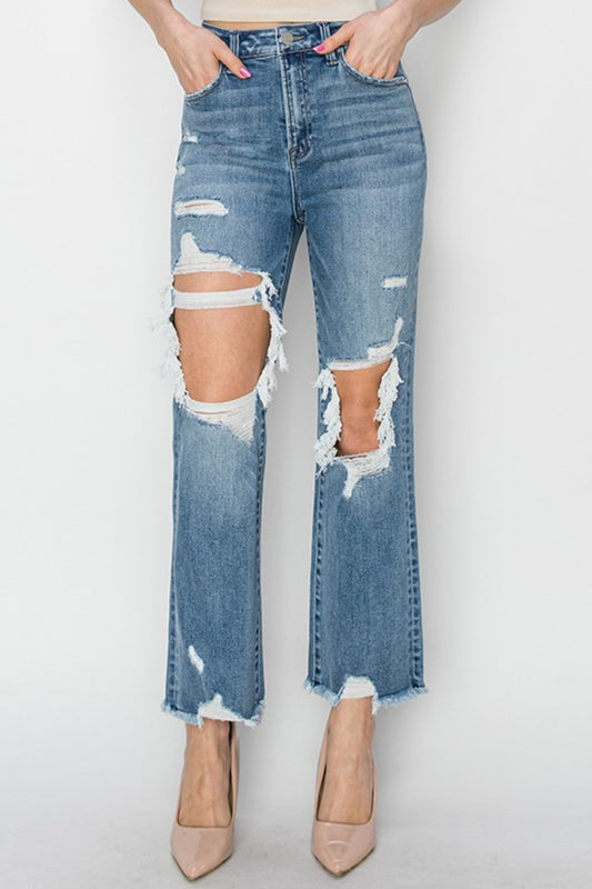 RISEN High Rise Distressed Crop Straight Jeans - Babbazon New Products