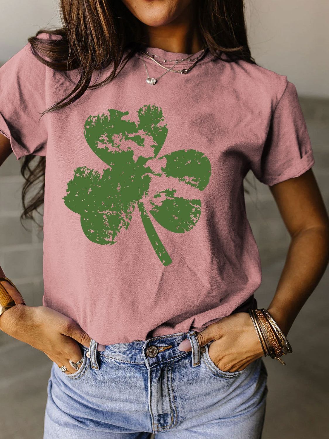 Full Size Lucky Clover Round Neck Short Sleeve T-Shirt - Babbazon New Products