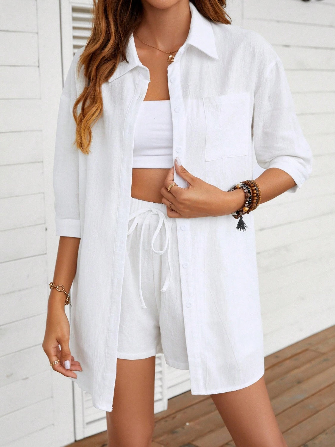 Dropped Shoulder Button Up Shirt and Shorts Set - Babbazon new