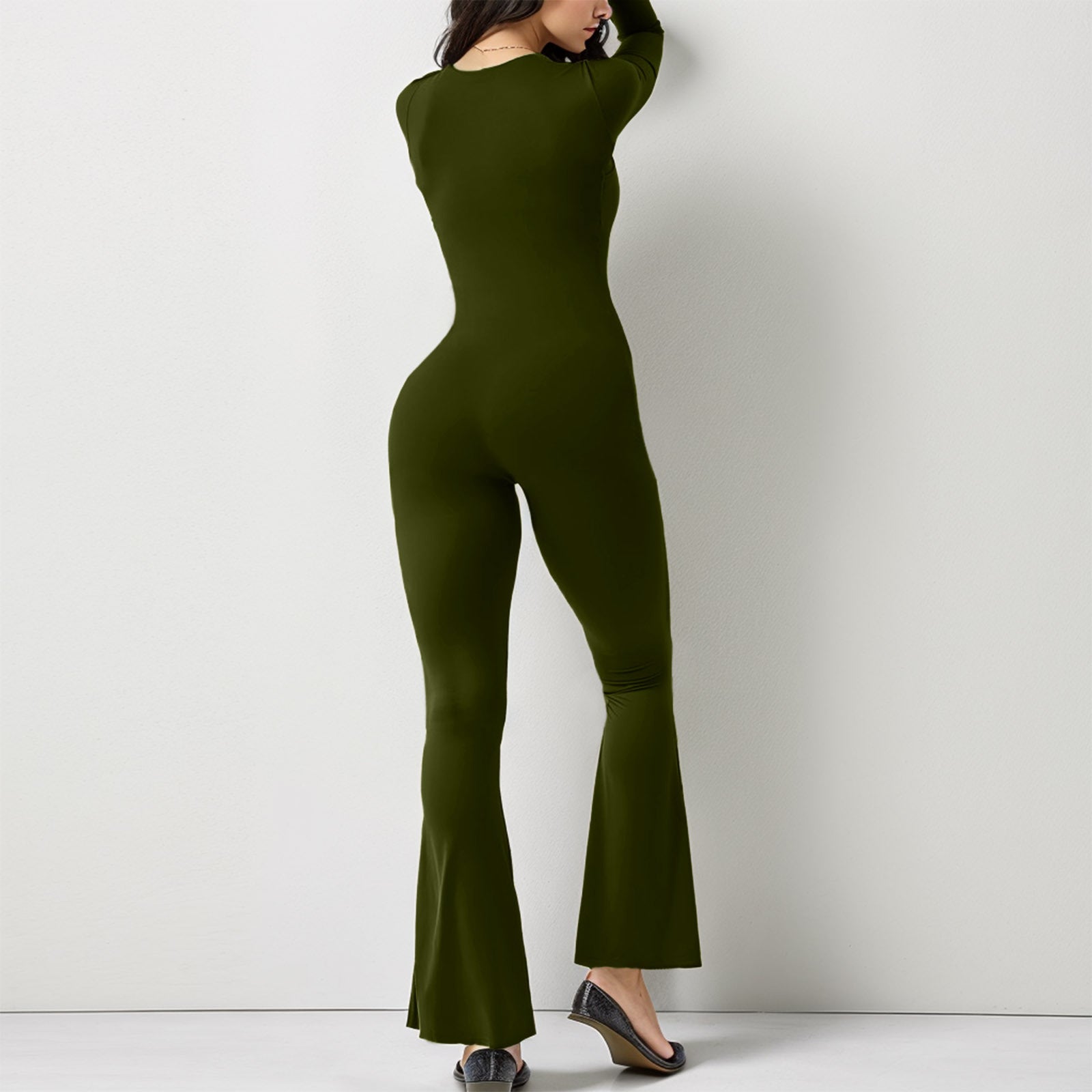 Women Long Sleeve Belly Waist Shaping And Hip Lift Square Collar Wide Leg High Elastic Jumpsuit 