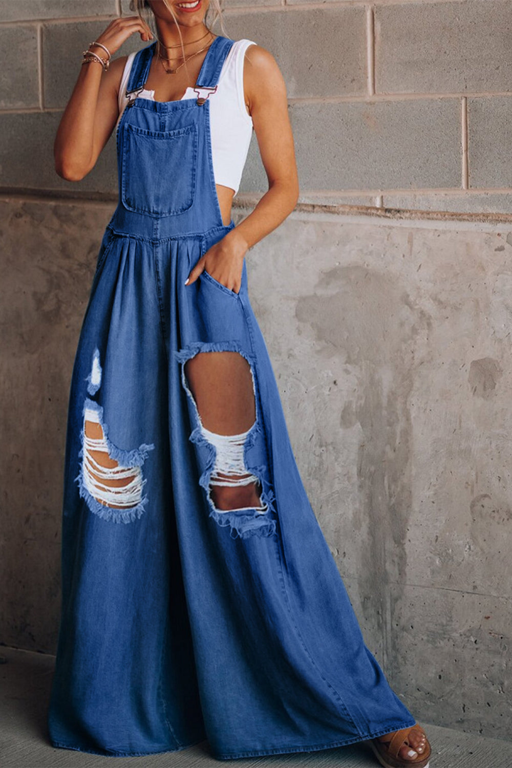 Distressed Wide Leg Denim Overalls - Babbazon New Products