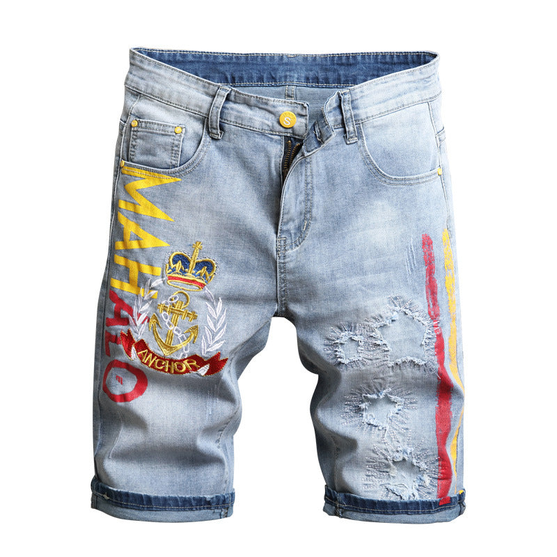 Stretch Denim Shorts Men's Five-point Pants Embroidery