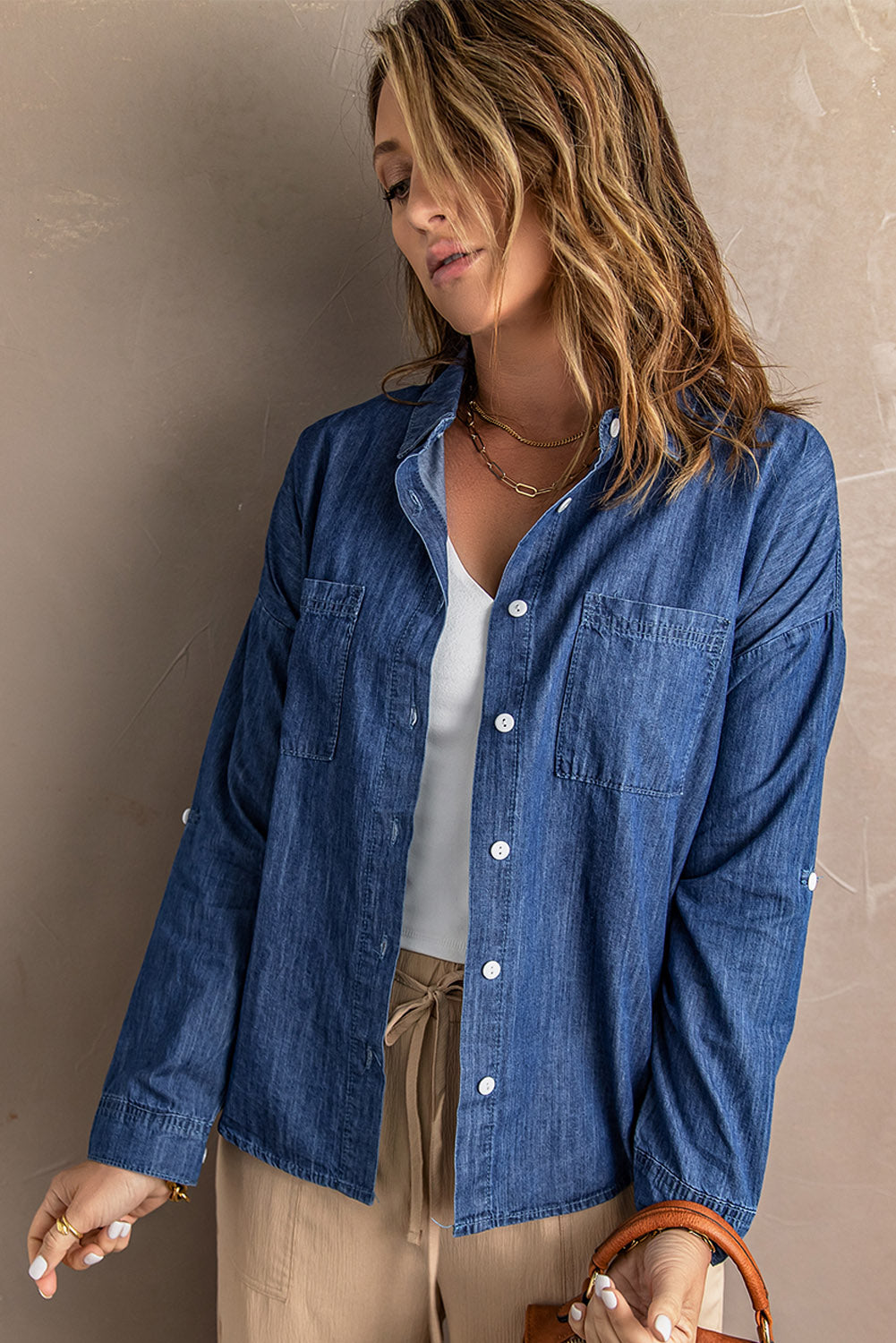 Pocketed Button Up Collared Neck Denim Top - Babbazon Tops