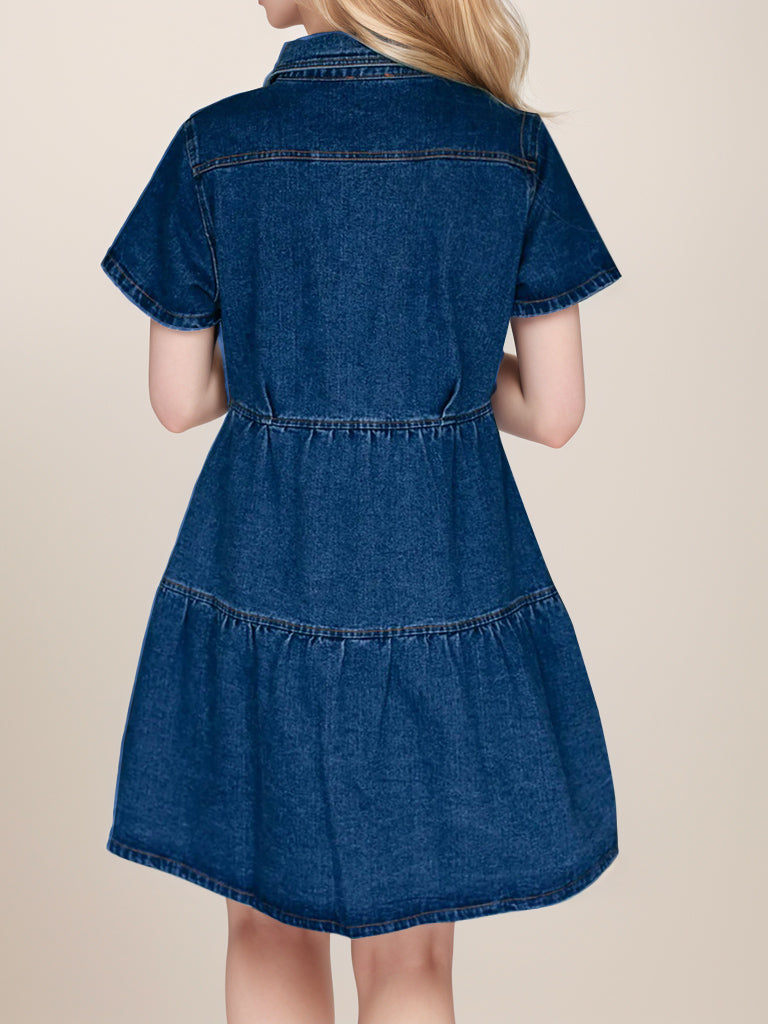 Button Up Short Sleeve Denim Dress 