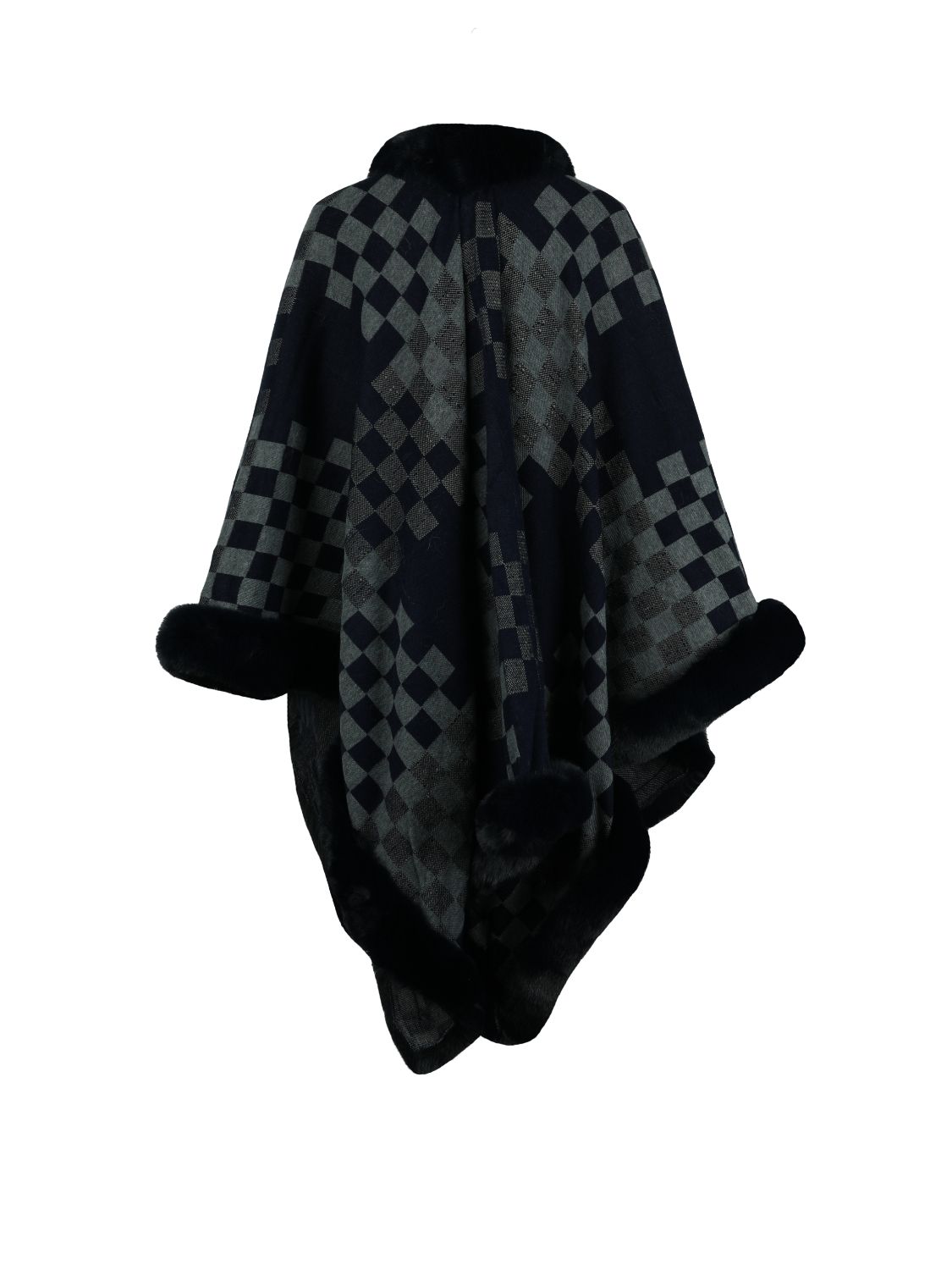 Checkered Faux Fur Trim Poncho 