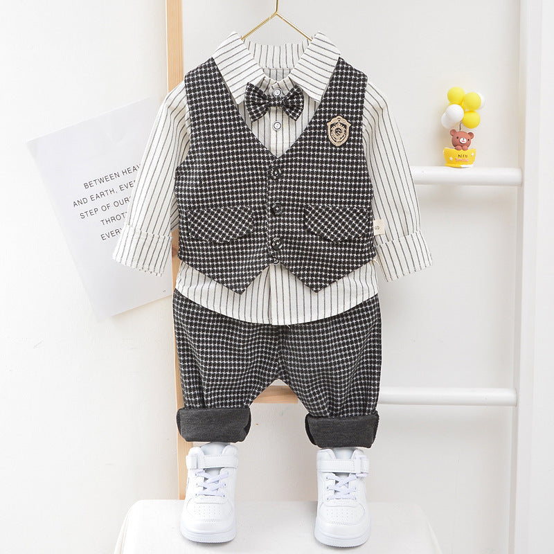 Autumn Children's Long-sleeved Houndstooth Striped Shirt Vest Three-piece Set