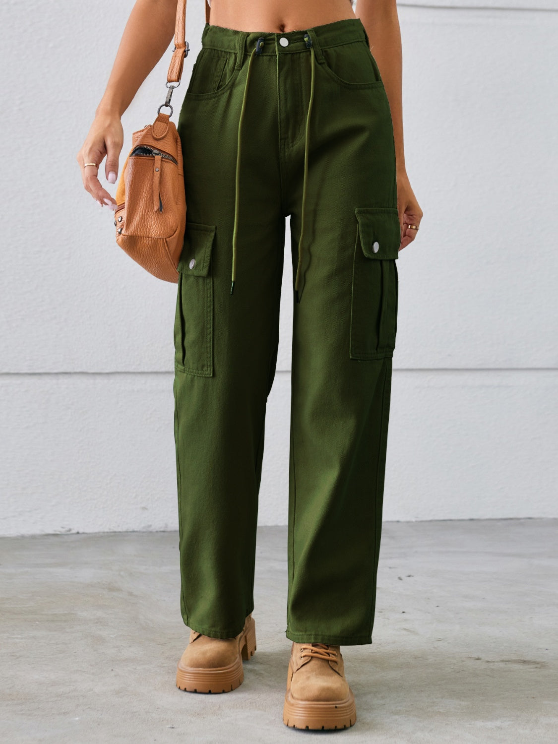 Drawstring Mid-Rise Waist Straight Cargo Jeans 