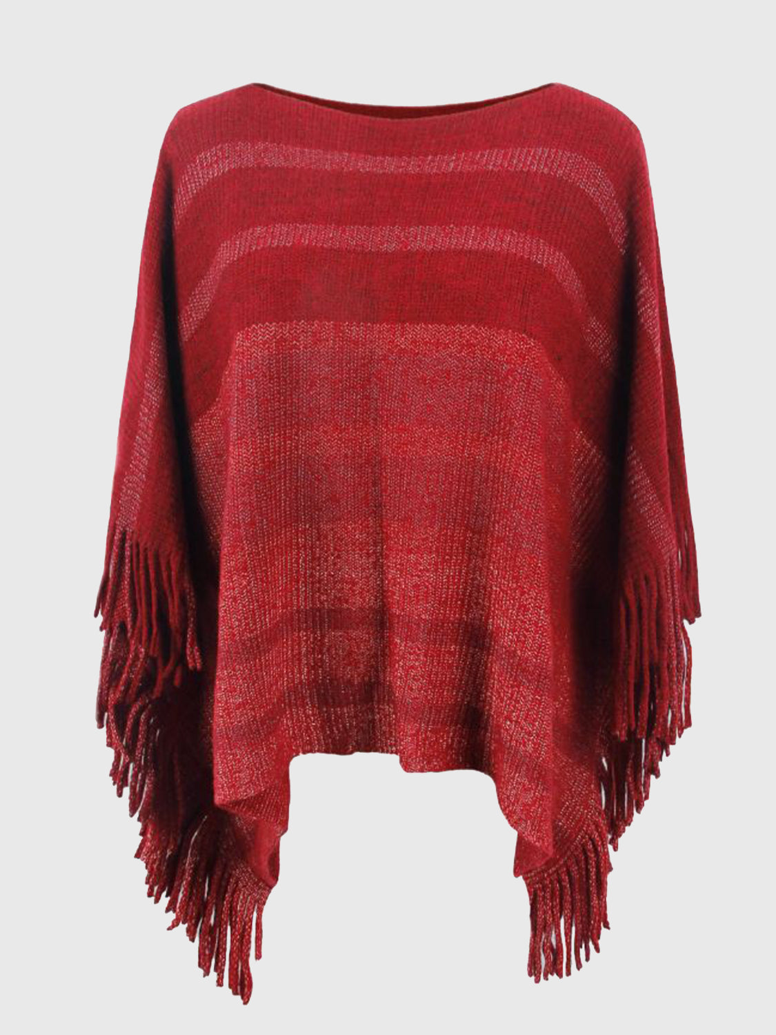 Striped Boat Neck Poncho with Fringes - Babbazon Ponchos