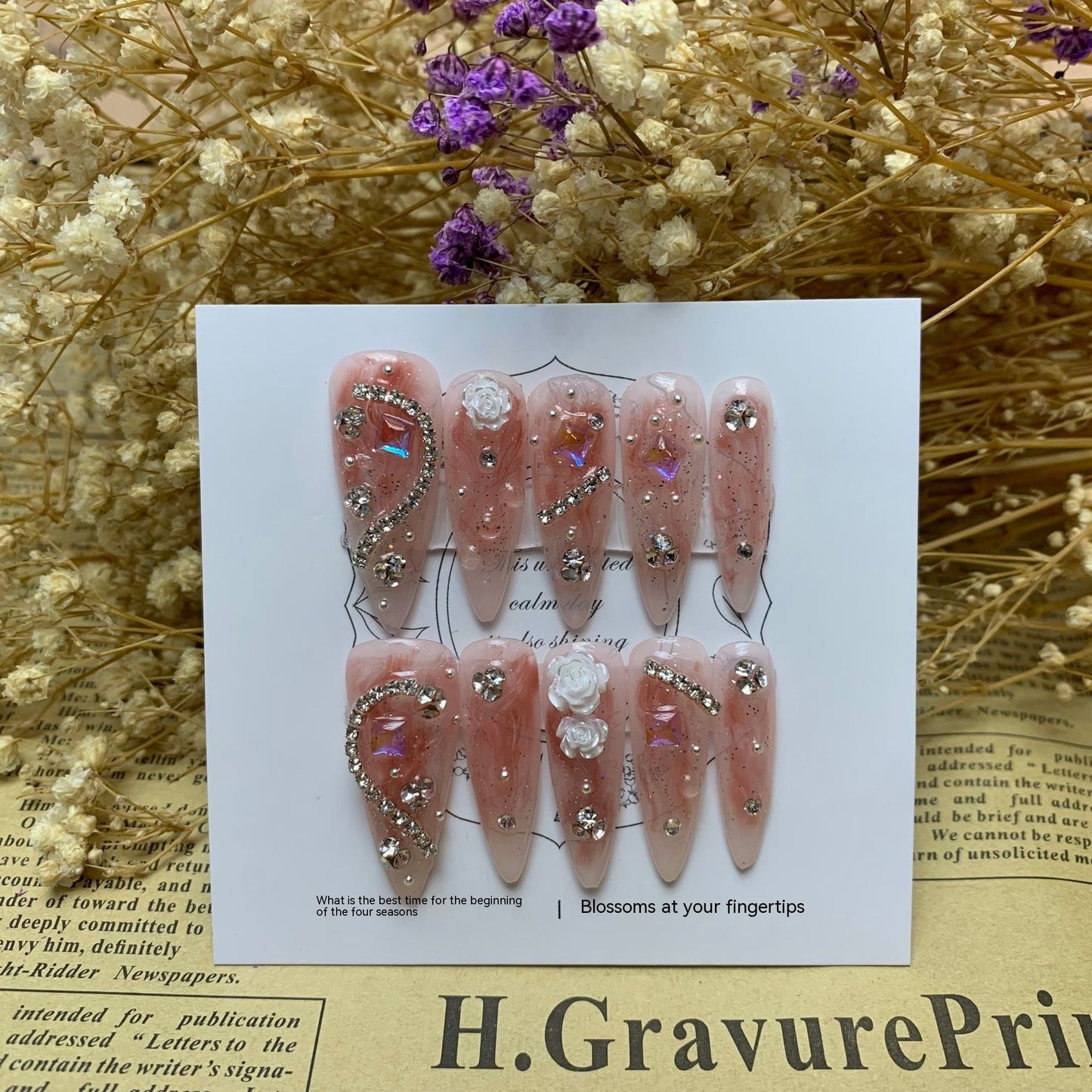 Handmade Phototherapy Wear Nail Almond Full Diamond Camellia