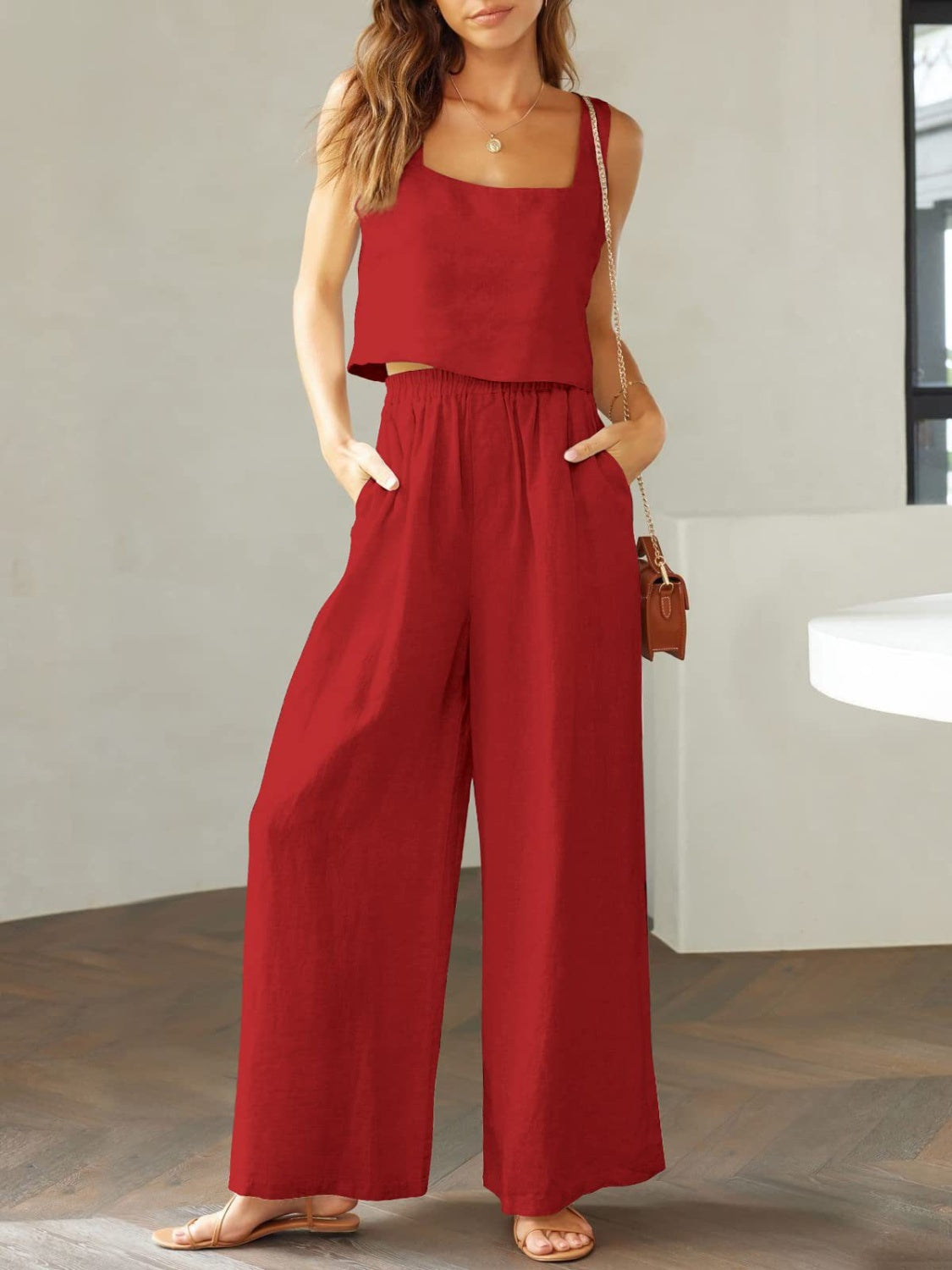 Square Neck Top and Wide Leg Pants Set - Babbazon jumpsuit